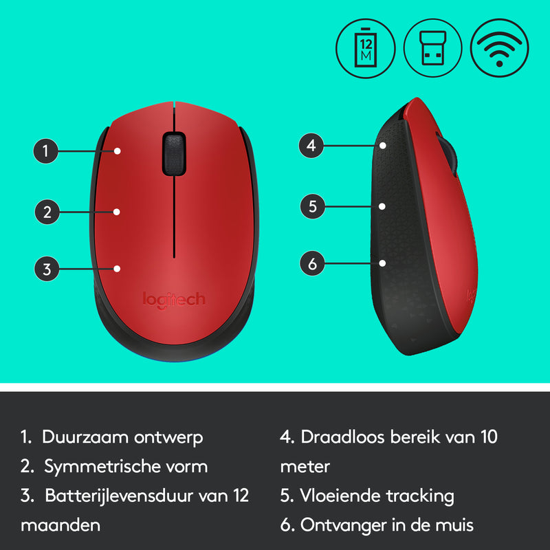 Logitech M171 Red-K muis Ambidextrous RF Draadloos Optisch 1000 DPI