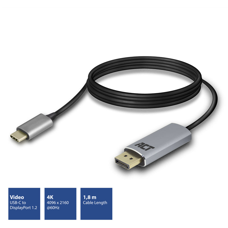ACT AC7035 USB-C naar DisplayPort kabel 1,8 meter