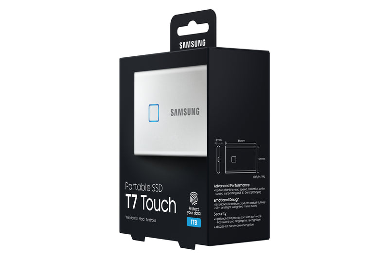 Samsung MU-PC1T0S, T7 Touch, 1000 GB, USB Type-C, 3.2 Gen 2 (3.1 Gen 2), 1050 MB/s, Wachtwoordbeveiliging, Zilver
