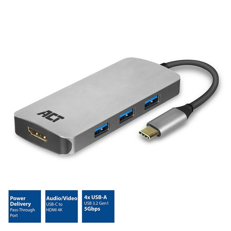 ACT AC7024 interface hub USB 3.2 Gen 1 (3.1 Gen 1) Type-C 5000 Mbit/s Grijs